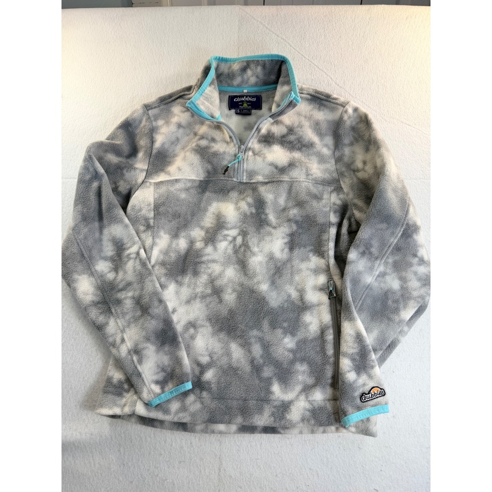 Chubbies Mens Small Quarter Zip Fleece Pullover Grey White Tie Dye Turquoise